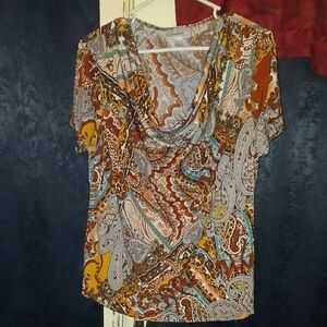 Dressbarn Brown and Blue Paisley Cowl Neck Blouse